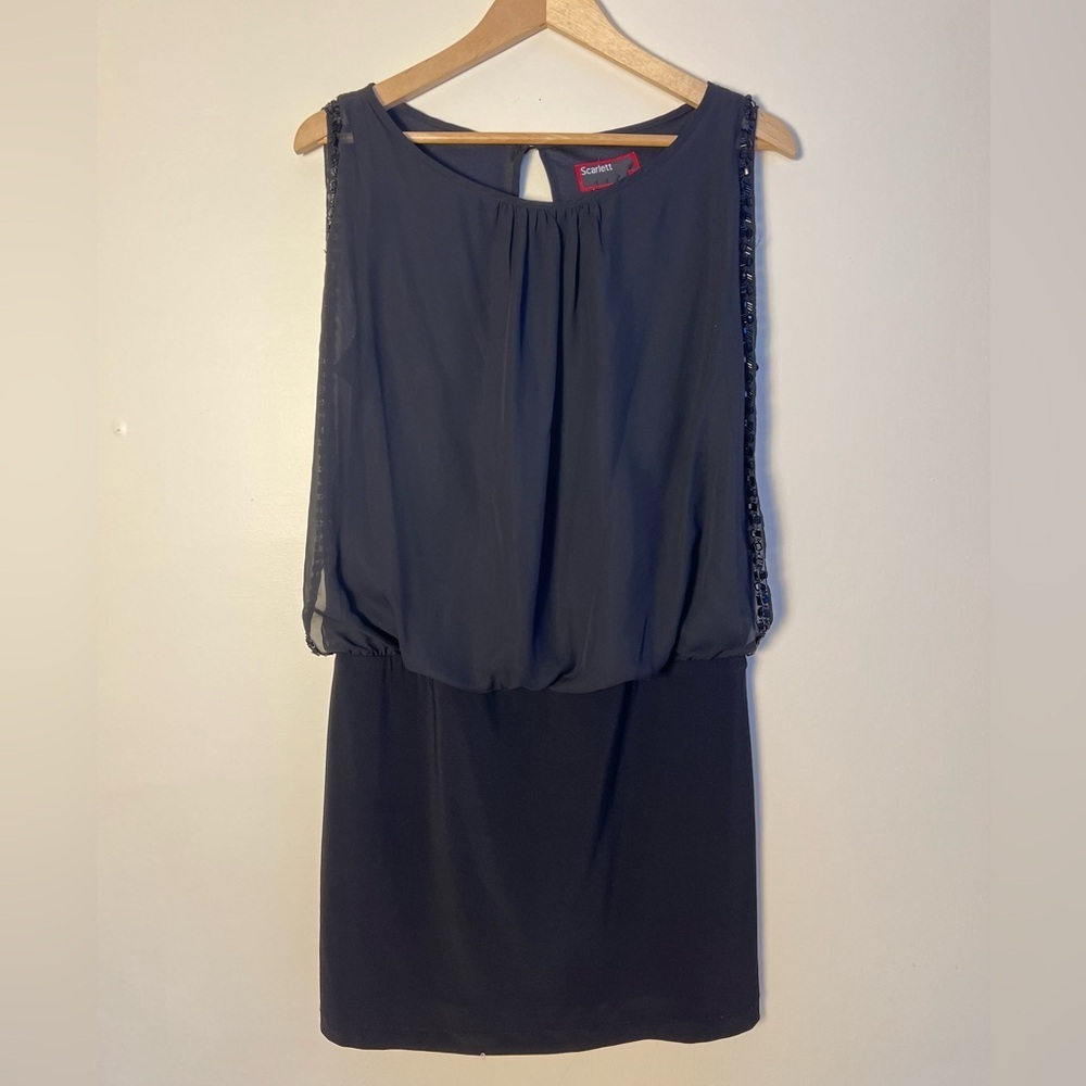 Scarlett Women Black Chiffon Mini Blouson Dress HOCO Embellish Goth sz 12‎ Lined